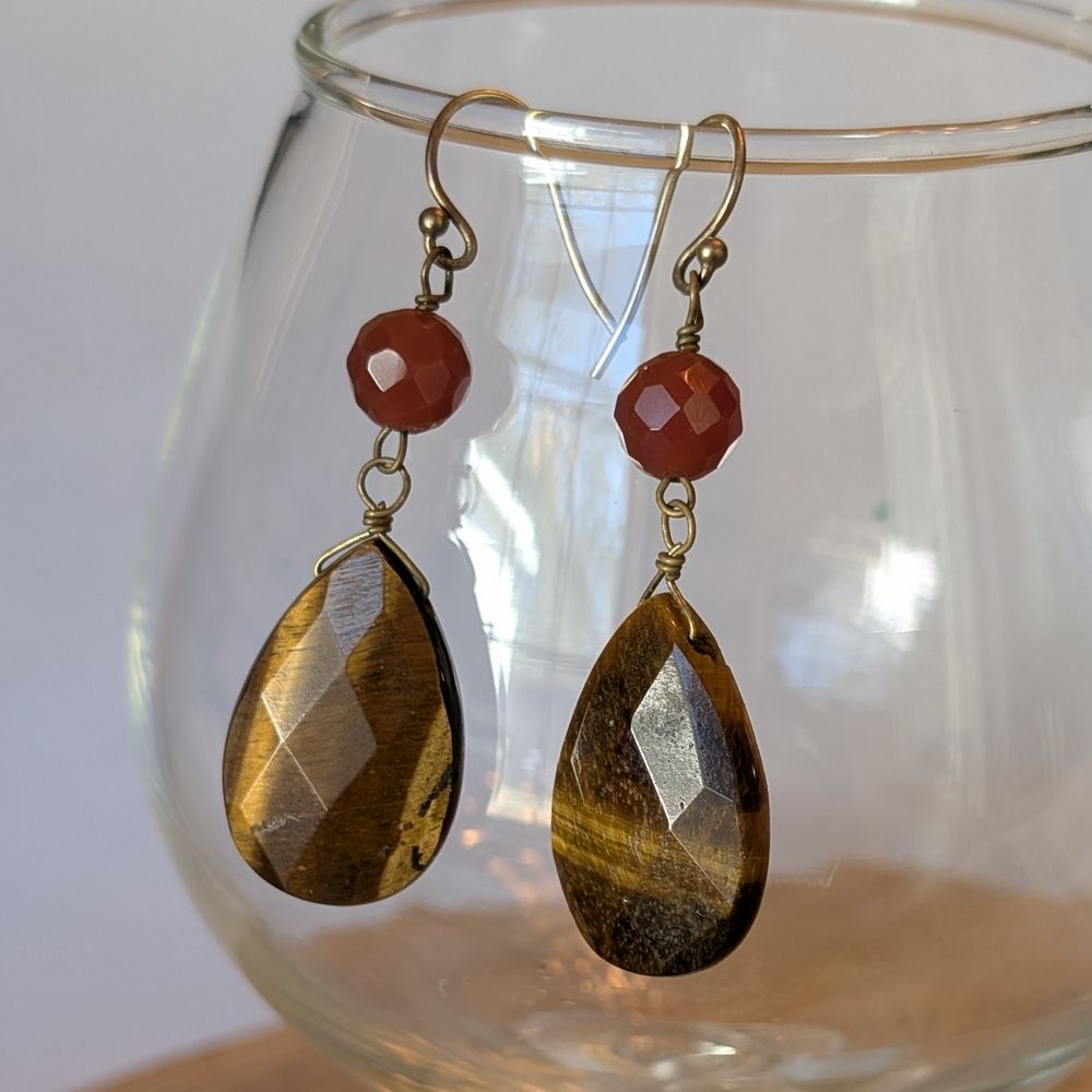 Tigers Eye Faceted Stone Teardrop Dangle Earrings